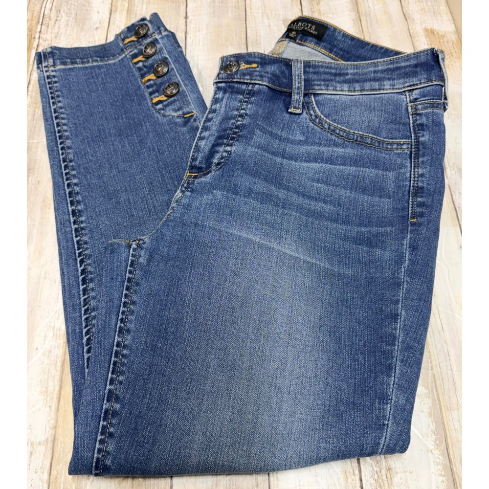 Talbots Flawless Five-Pocket Petite Jeans Blue Anchor Button Crop size 6 petite